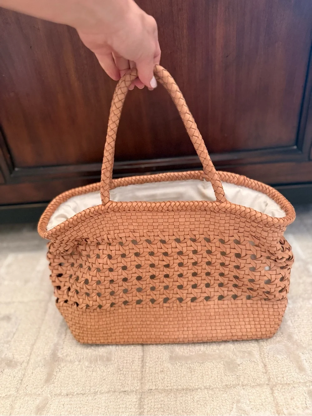 Woven Leather Tote Bag in Tan - Lightweight Summer Carryall by Village Thrive - Picture 3 of 6
